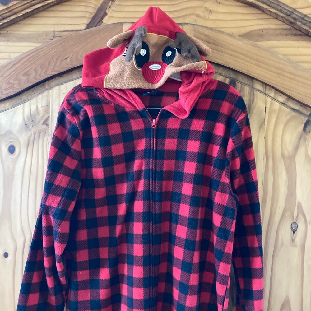 Women PJs & Presents red black check reindeer hooded one piece pajamas size M